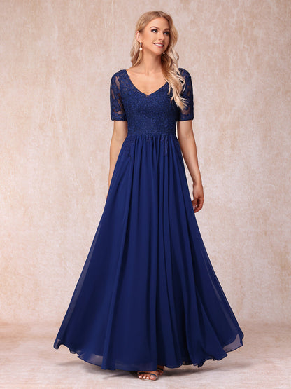 A-Line/Princess V-Neck Short Sleeves Long Formal Evening Dresses with Beading & Appliques