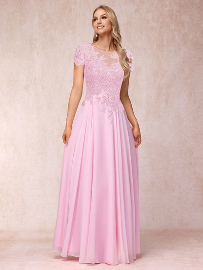 A-Line/Princess Sheer Neck Short Sleeves Long Formal Evening Dresses with Appliques