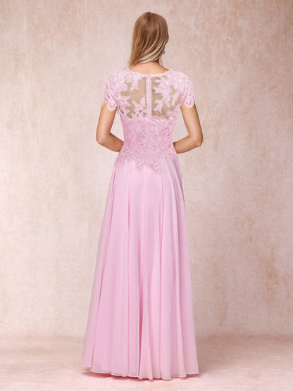 A-Line/Princess Sheer Neck Short Sleeves Long Formal Evening Dresses with Appliques