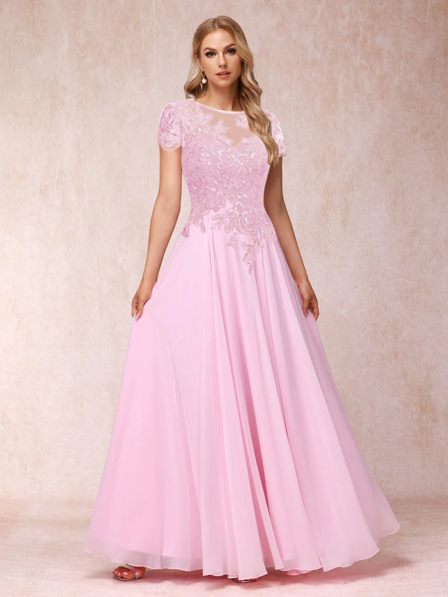 A-Line/Princess Sheer Neck Short Sleeves Long Formal Evening Dresses with Appliques