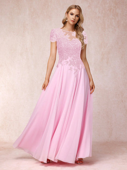 A-Line/Princess Sheer Neck Short Sleeves Long Formal Evening Dresses with Appliques