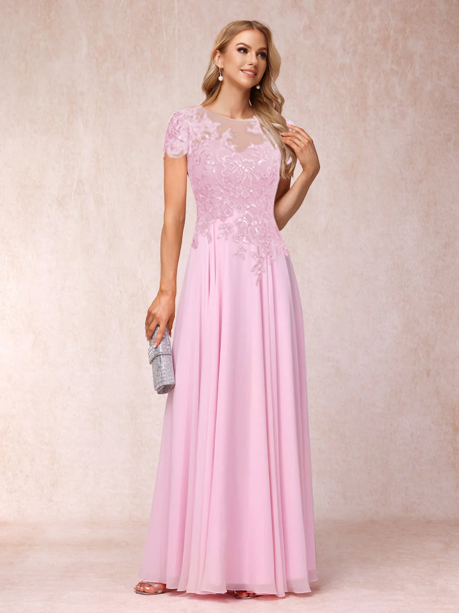 A-Line/Princess Sheer Neck Short Sleeves Long Formal Evening Dresses with Appliques