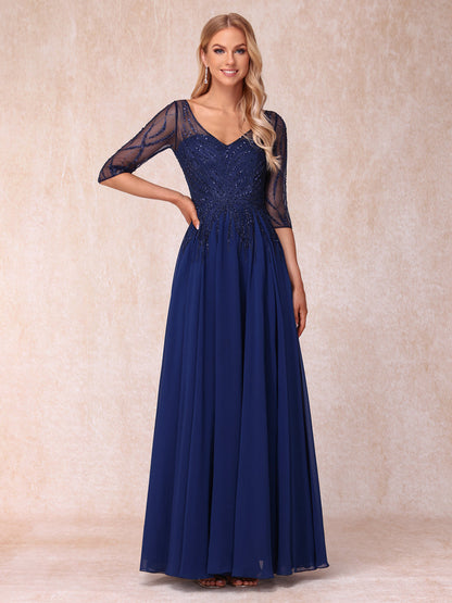 A-Line/Princess V-Neck Half Sleeves Long Formal Evening Dresses with Beading