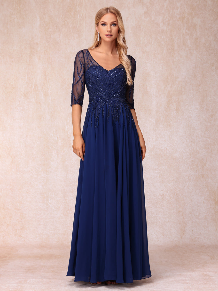 A-Line/Princess V-Neck Half Sleeves Long Formal Evening Dresses with Beading