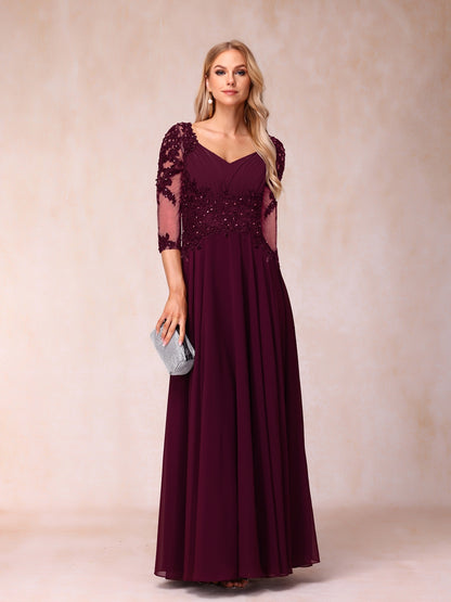 A-Line/Princess V-Neck 3/4 Sleeves Long Formal Evening Dresses with Beading