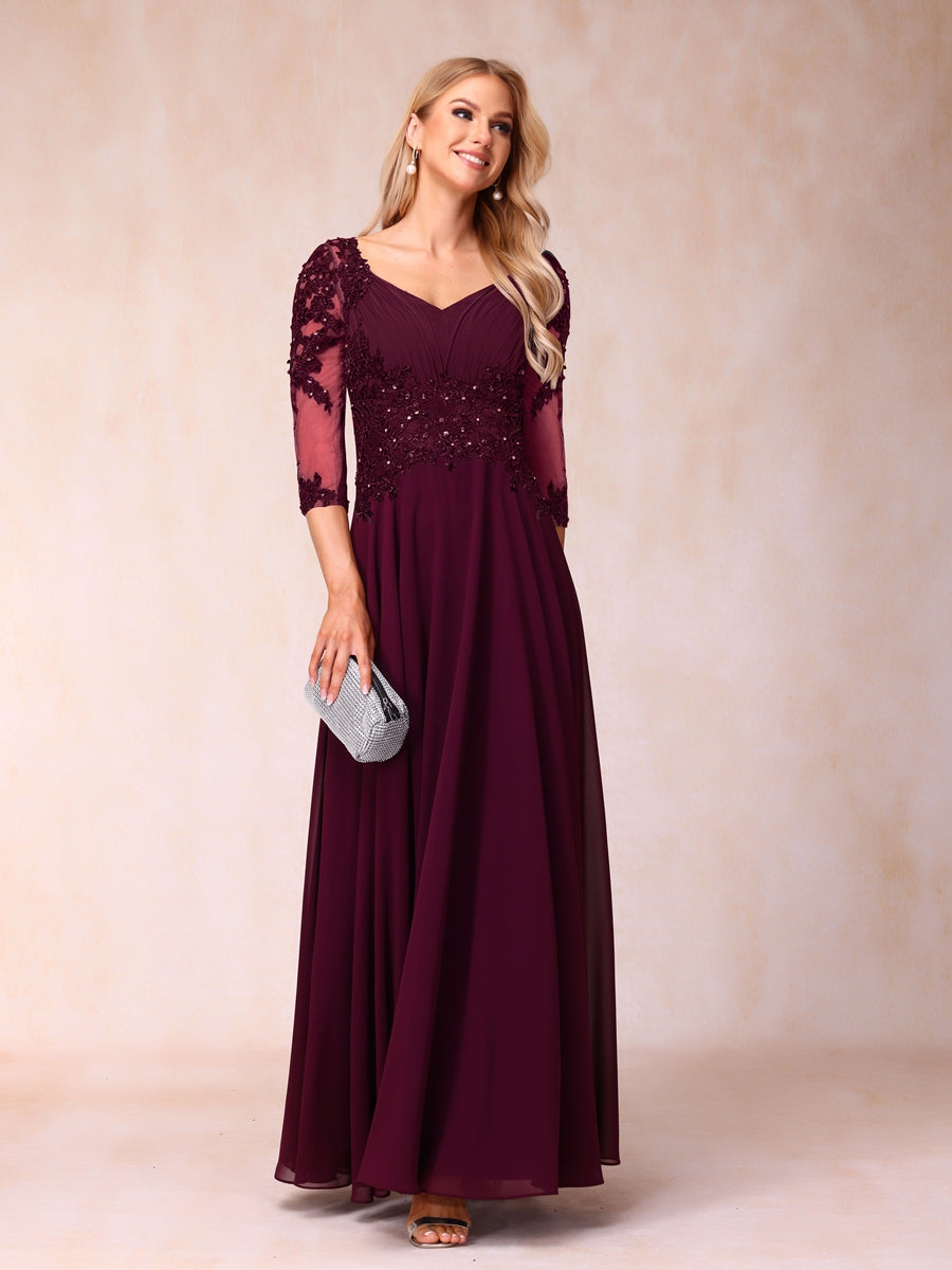 A-Line/Princess V-Neck 3/4 Sleeves Long Formal Evening Dresses with Beading