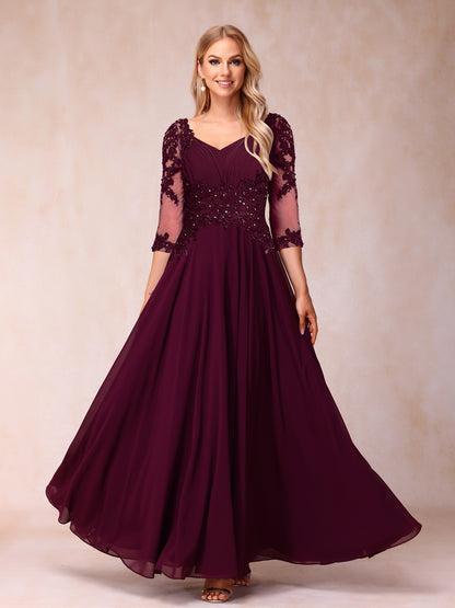 A-Line/Princess V-Neck 3/4 Sleeves Long Formal Evening Dresses with Beading