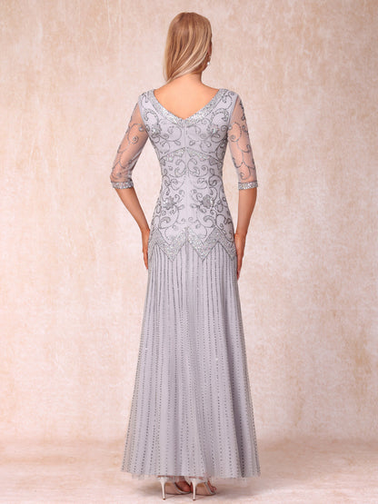 Sheath/Column V-Neck 3/4 Sleeves Long Formal Evening Dresses with Beading & Sequins