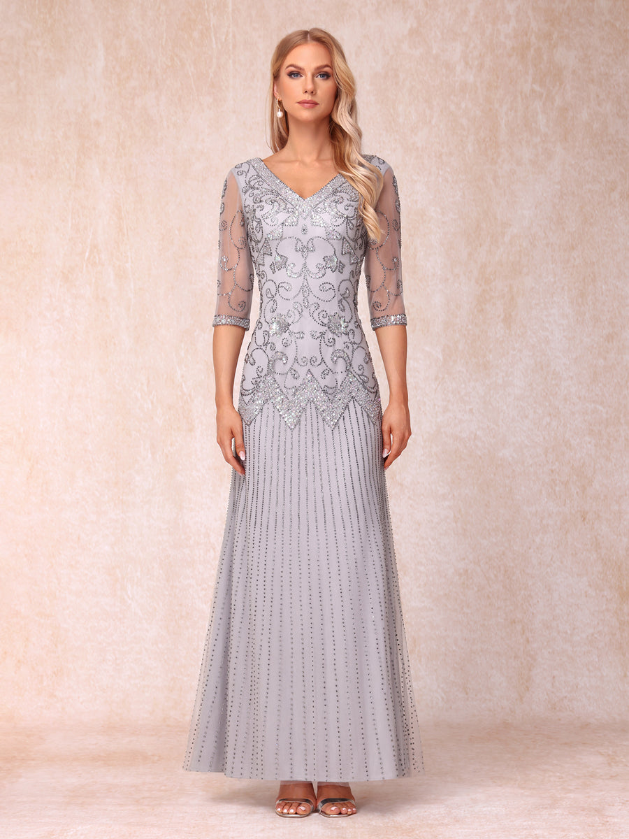 Sheath/Column V-Neck 3/4 Sleeves Long Formal Evening Dresses with Beading & Sequins