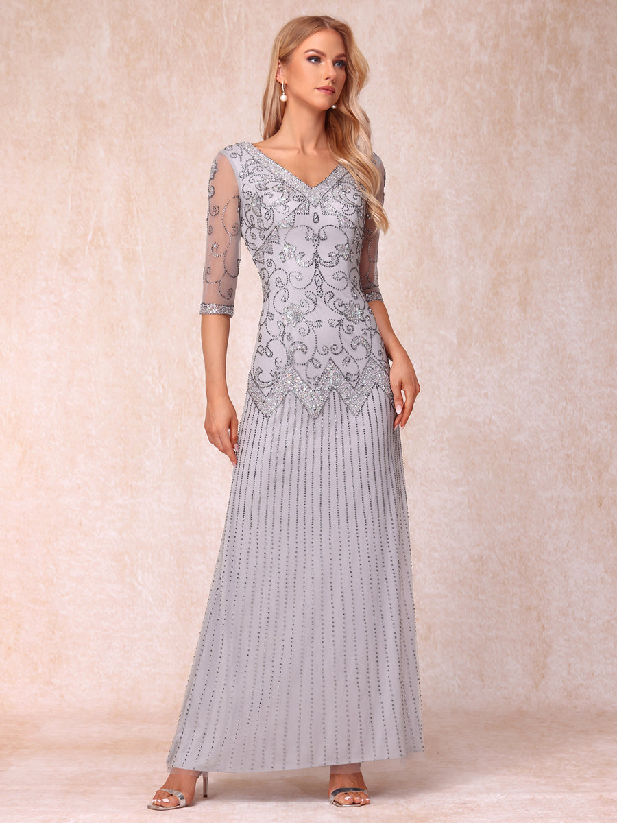 Sheath/Column V-Neck 3/4 Sleeves Long Formal Evening Dresses with Beading & Sequins