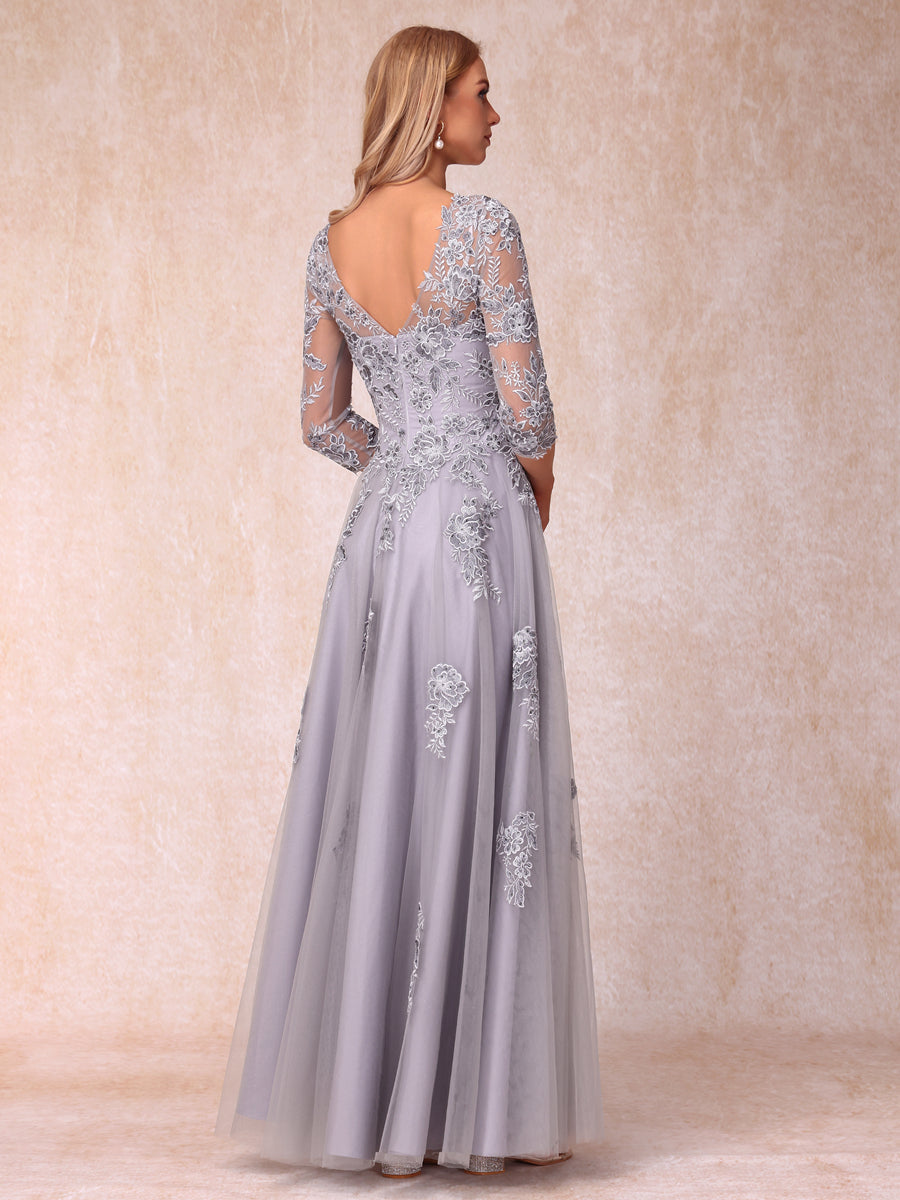 A-Line/Princess Sheer Neck Half Sleeves Long Formal Evening Dresses with Beading & Appliques