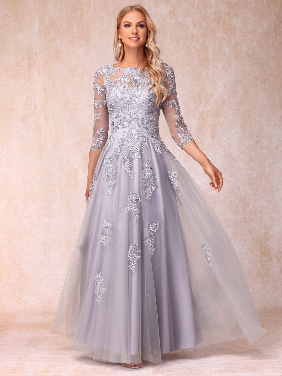 A-Line/Princess Sheer Neck Half Sleeves Long Formal Evening Dresses with Beading & Appliques