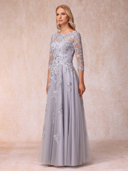 A-Line/Princess Sheer Neck Half Sleeves Long Formal Evening Dresses with Beading & Appliques