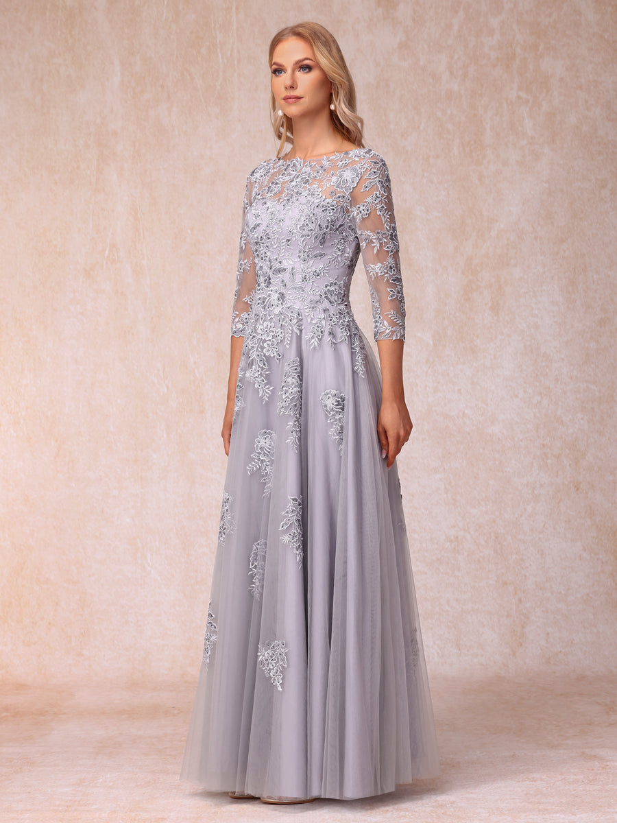 A-Line/Princess Sheer Neck Half Sleeves Long Formal Evening Dresses with Beading & Appliques