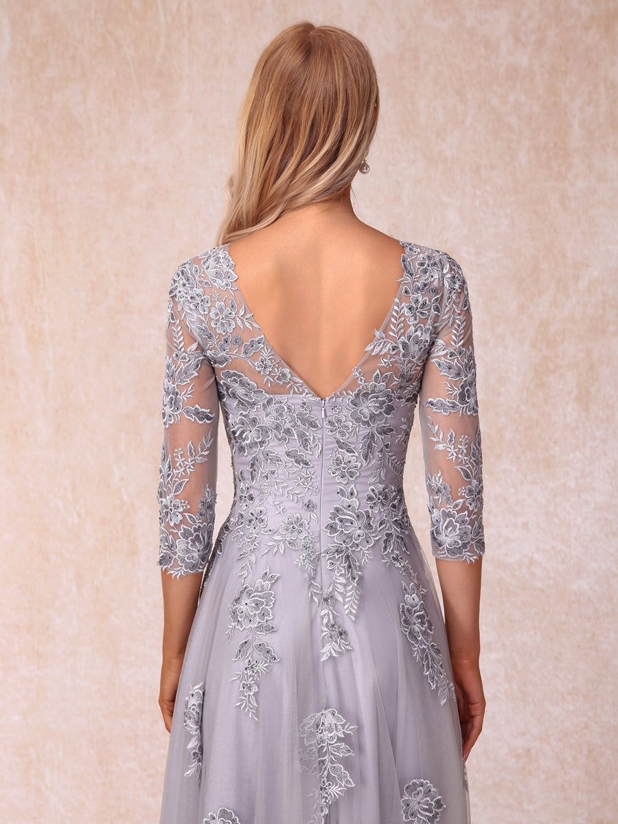 A-Line/Princess Sheer Neck Half Sleeves Long Formal Evening Dresses with Beading & Appliques