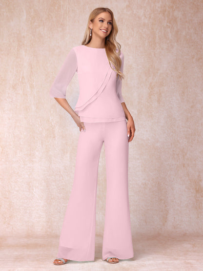 High Neck 3/4 Sleeves Formal Jumpsuits for Women with Ruffles