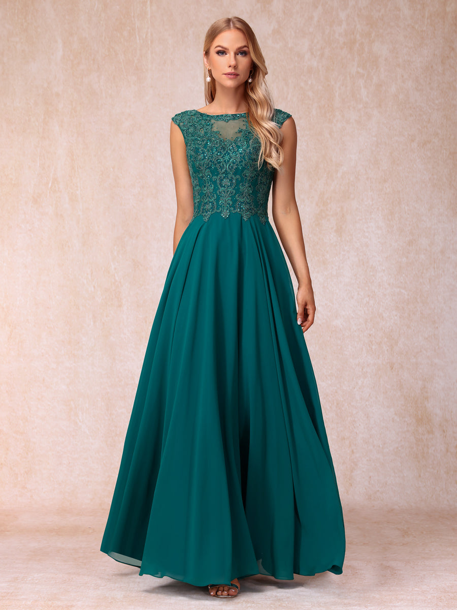 A-Line/Princess Sheer Neck Sleeveless Long Formal Evening Dresses with Beading & Appliques