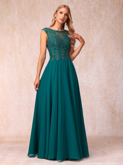 A-Line/Princess Sheer Neck Sleeveless Long Formal Evening Dresses with Beading & Appliques