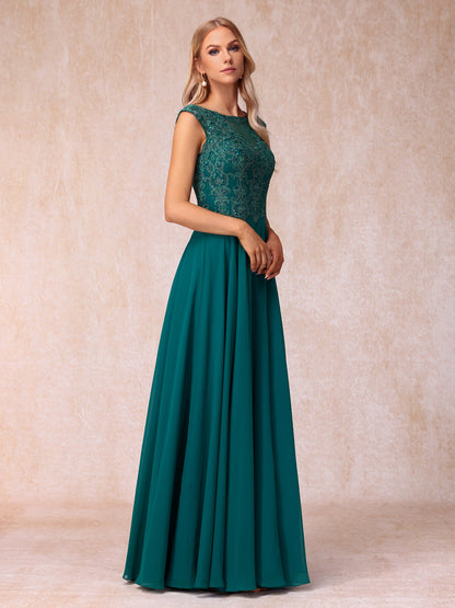 A-Line/Princess Sheer Neck Sleeveless Long Formal Evening Dresses with Beading & Appliques