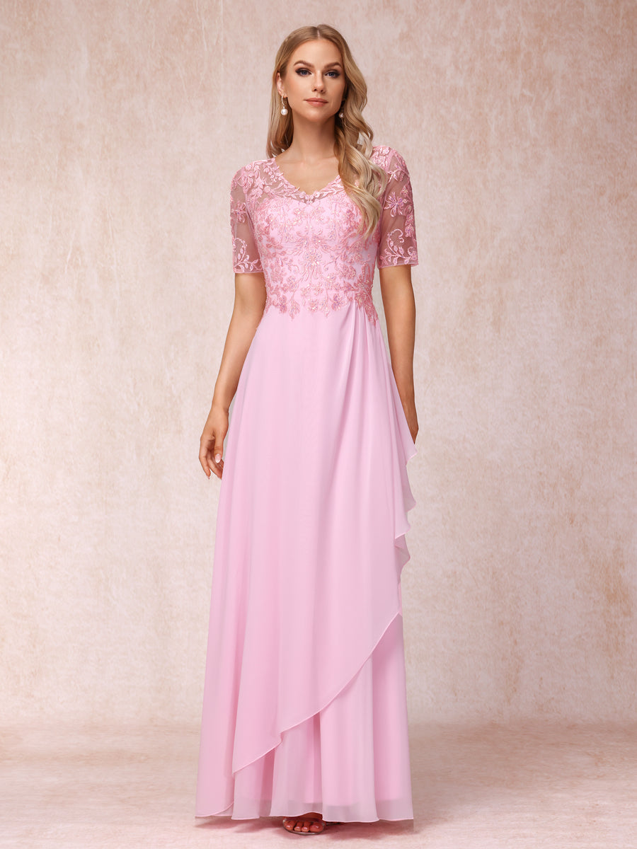 A-Line/Princess V-Neck Short Sleeves Long Formal Evening Dresses with Appliques