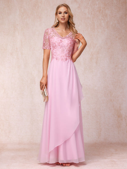 A-Line/Princess V-Neck Short Sleeves Long Formal Evening Dresses with Appliques