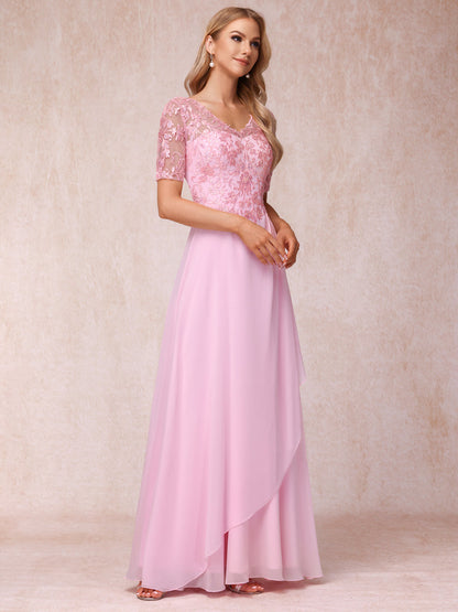 A-Line/Princess V-Neck Short Sleeves Long Formal Evening Dresses with Appliques