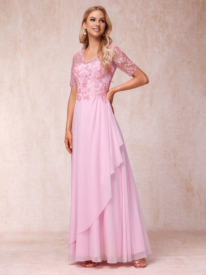 A-Line/Princess V-Neck Short Sleeves Long Formal Evening Dresses with Appliques