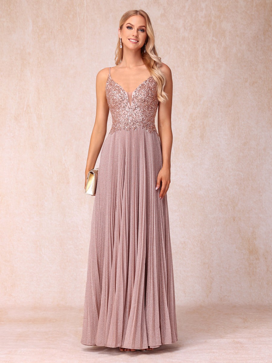 A-Line/Princess Spaghetti Straps Sleeveless Long Formal Evening Dresses with Sequins