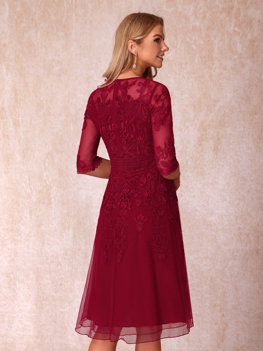 A-Line/Princess Sheer Neck Half Sleeves Short Formal Evening Dresses with Appliques