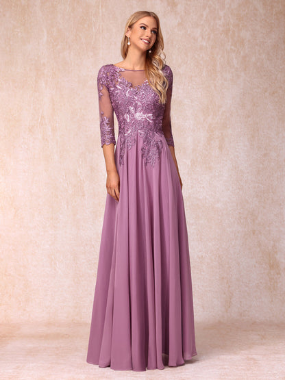 A-Line/Princess Sheer Neck 3/4 Sleeves Long Formal Evening Dresses with Sequins & Appliques