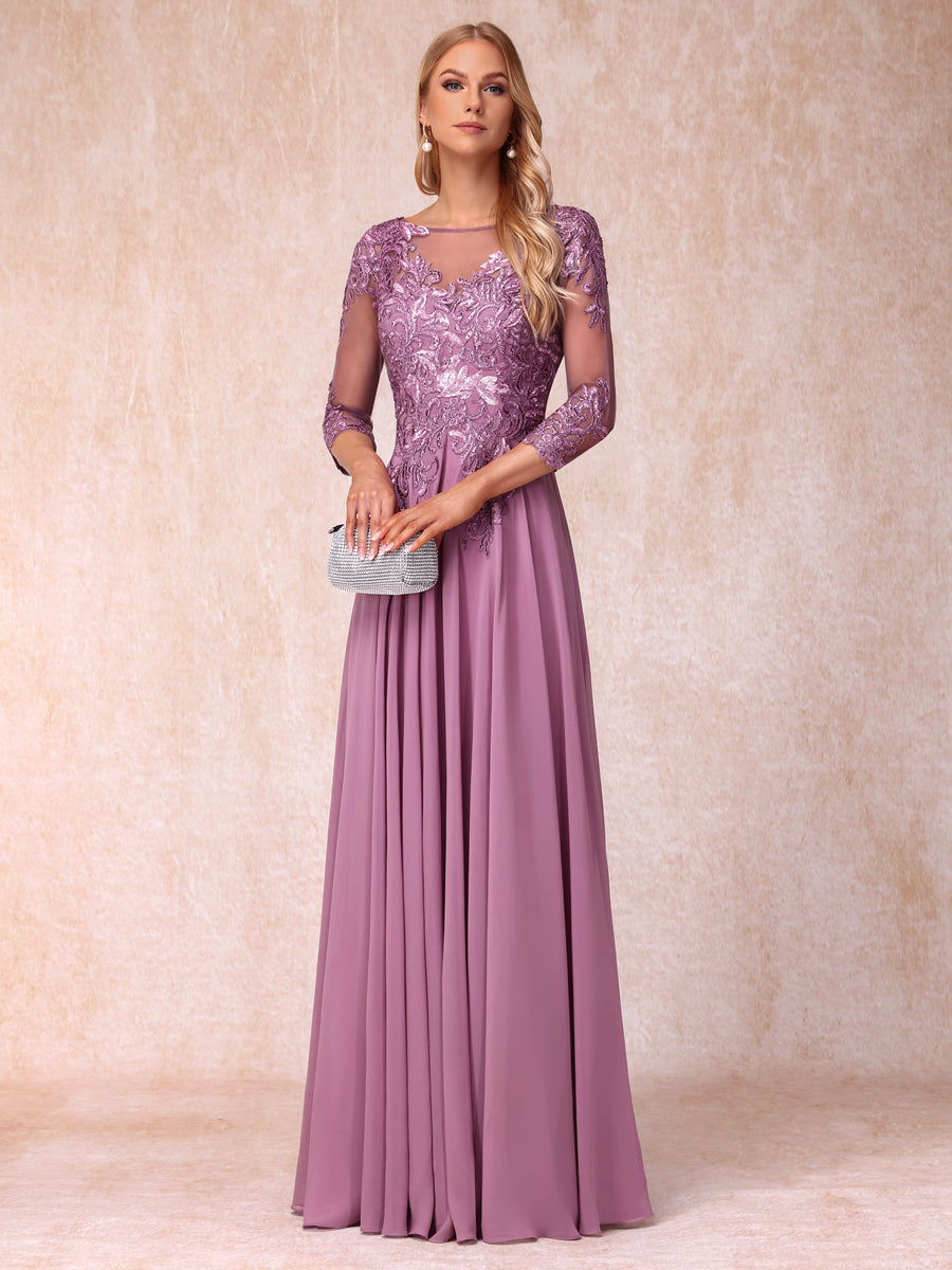 A-Line/Princess Sheer Neck 3/4 Sleeves Long Formal Evening Dresses with Sequins & Appliques