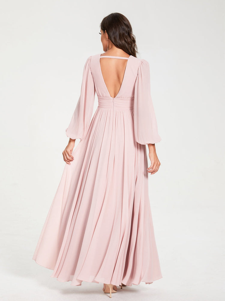 A-Line/Princess Chiffon V-Neck Long Sleeves Split Side Floor-Length Wi ...