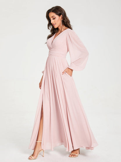 A-Line/Princess V-Neck Long Sleeves Split Side With Pockets Bridesmaid Dresses