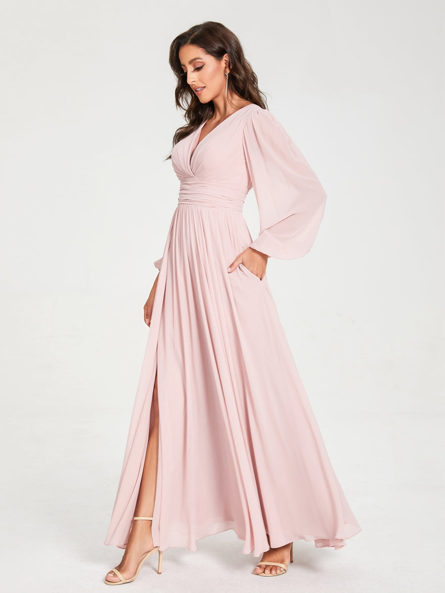 A-Line/Princess V-Neck Long Sleeves Split Side With Pockets Bridesmaid Dresses