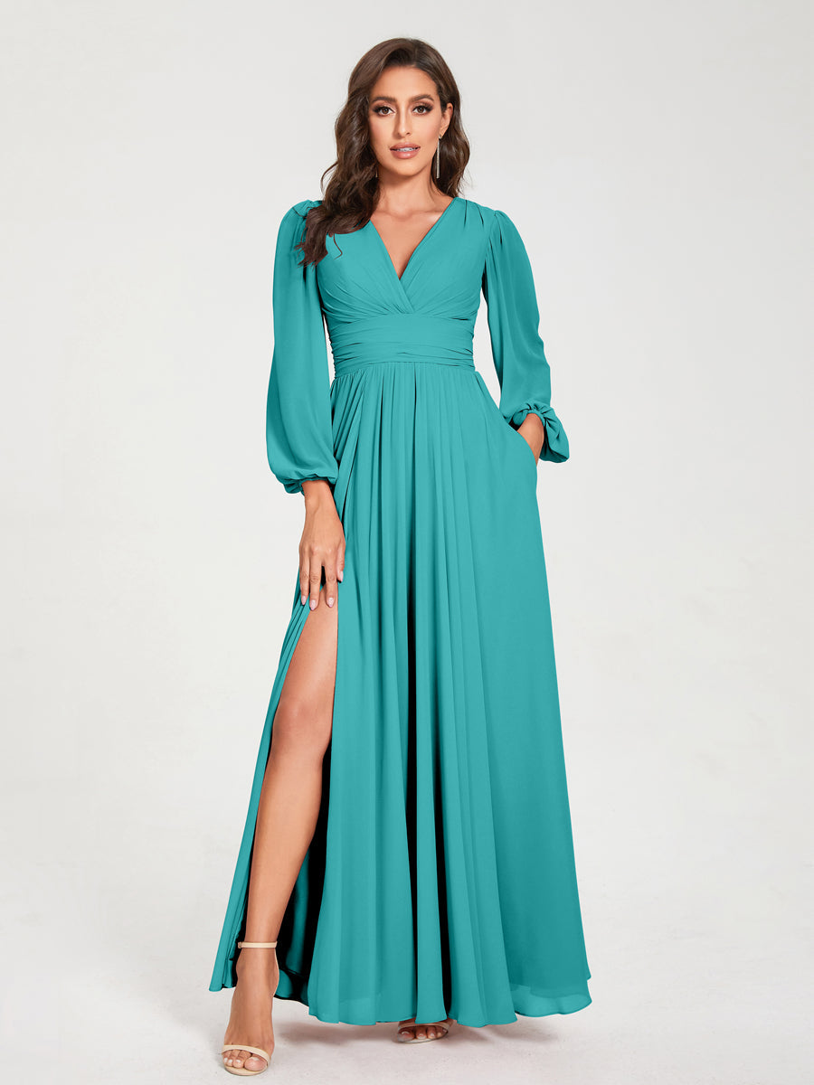 A-Line/Princess V-Neck Long Sleeves Split Side With Pockets Bridesmaid Dresses