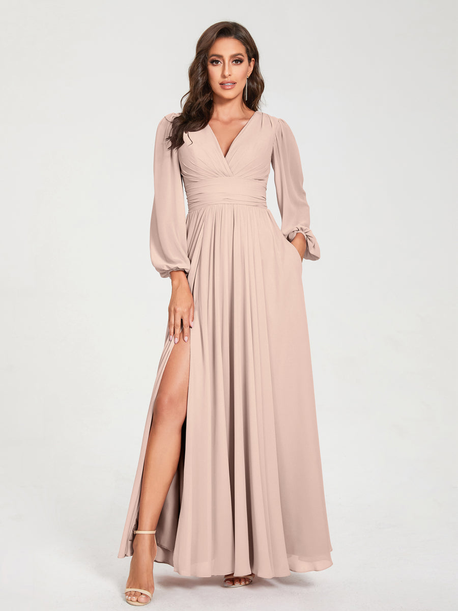 A-Line/Princess V-Neck Long Sleeves Split Side With Pockets Bridesmaid Dresses