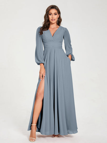 A-Line/Princess V-Neck Long Sleeves Split Side With Pockets Bridesmaid Dresses