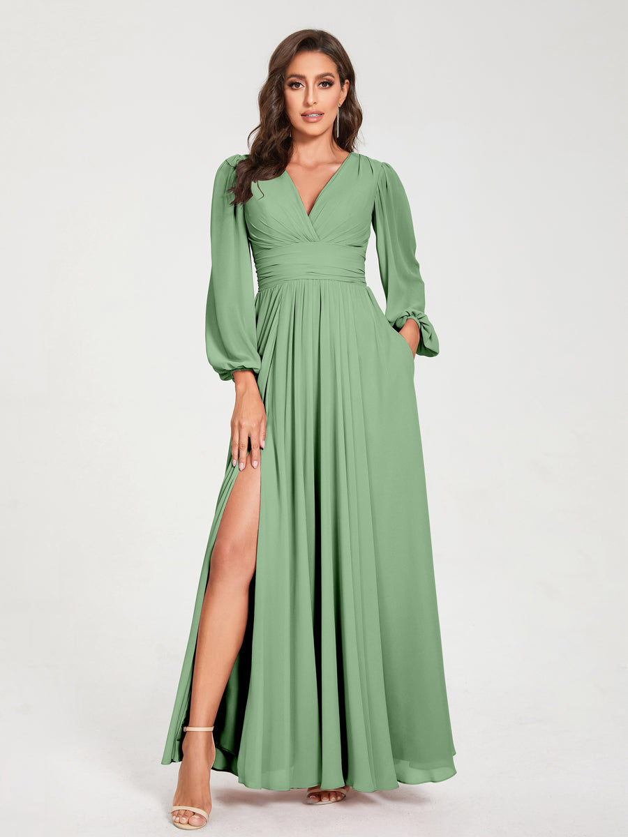 A-Line/Princess V-Neck Long Sleeves Split Side With Pockets Bridesmaid Dresses