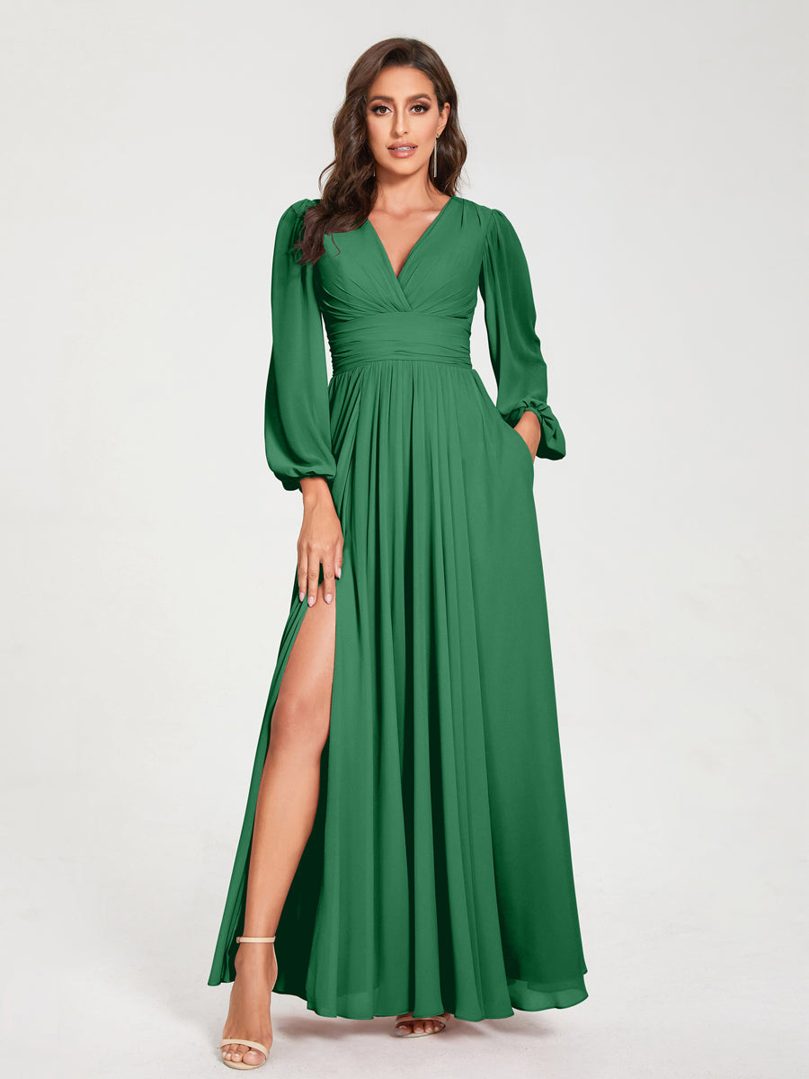 A-Line/Princess V-Neck Long Sleeves Split Side With Pockets Bridesmaid Dresses