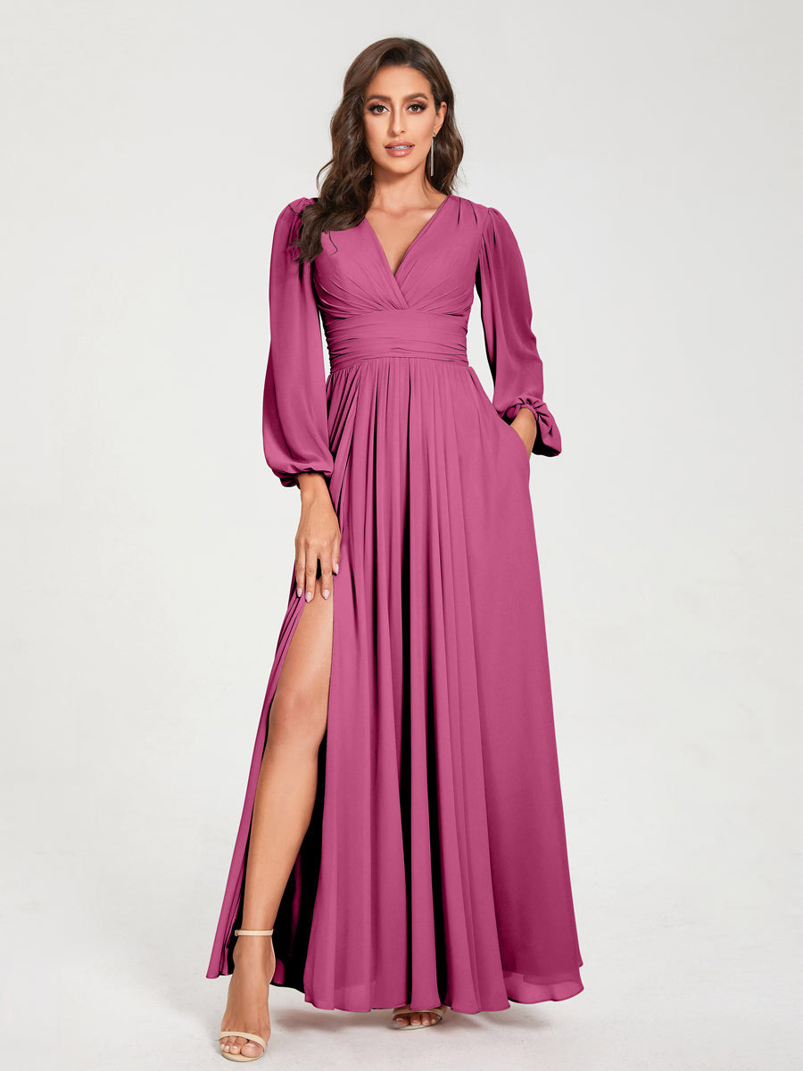 A-Line/Princess V-Neck Long Sleeves Split Side With Pockets Bridesmaid Dresses