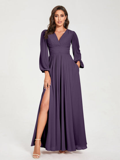 A-Line/Princess V-Neck Long Sleeves Split Side With Pockets Bridesmaid Dresses