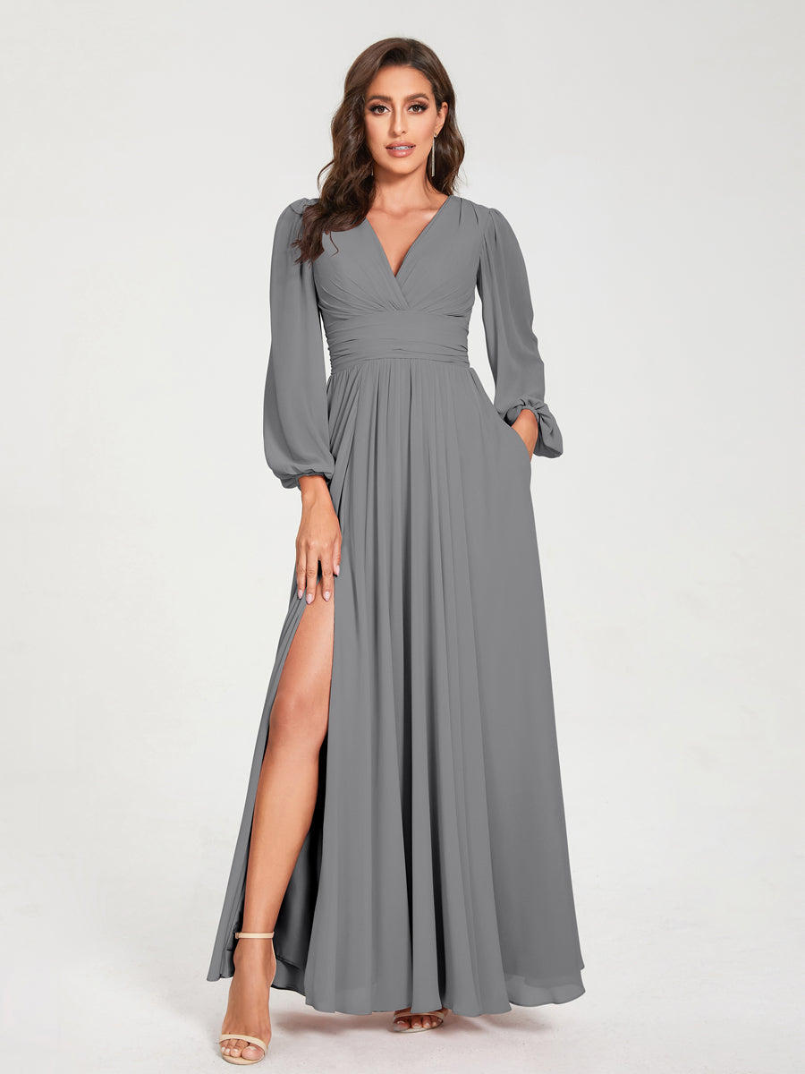 A-Line/Princess V-Neck Long Sleeves Split Side With Pockets Bridesmaid Dresses