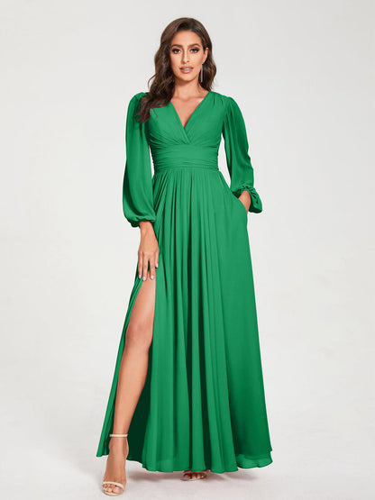 A-Line/Princess V-Neck Long Sleeves Split Side With Pockets Bridesmaid Dresses