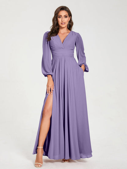 A-Line/Princess V-Neck Long Sleeves Split Side With Pockets Bridesmaid Dresses