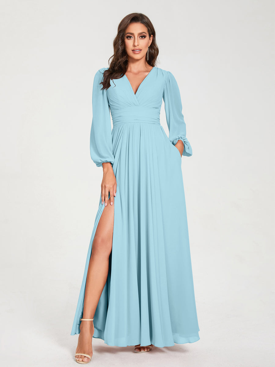 A-Line/Princess V-Neck Long Sleeves Split Side With Pockets Bridesmaid Dresses