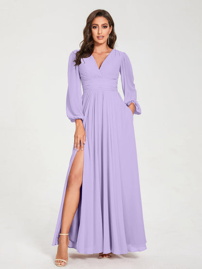 A-Line/Princess V-Neck Long Sleeves Split Side With Pockets Bridesmaid Dresses