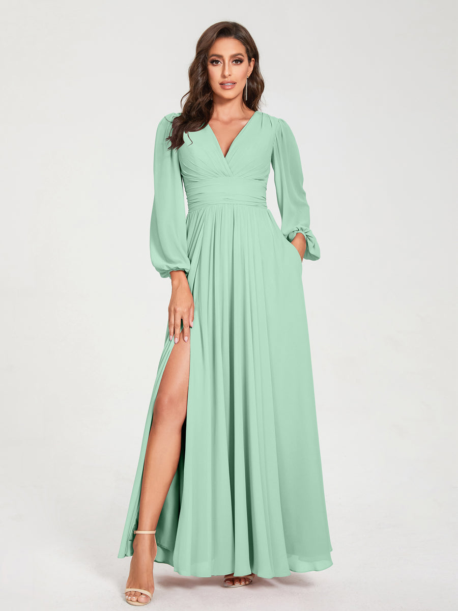 A-Line/Princess V-Neck Long Sleeves Split Side With Pockets Bridesmaid Dresses