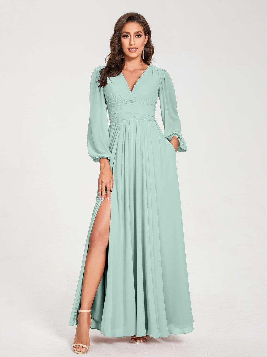 A-Line/Princess V-Neck Long Sleeves Split Side With Pockets Bridesmaid Dresses