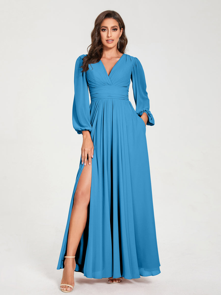 A-Line/Princess V-Neck Long Sleeves Split Side With Pockets Bridesmaid Dresses