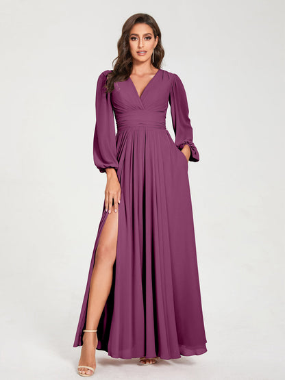 A-Line/Princess V-Neck Long Sleeves Split Side With Pockets Bridesmaid Dresses